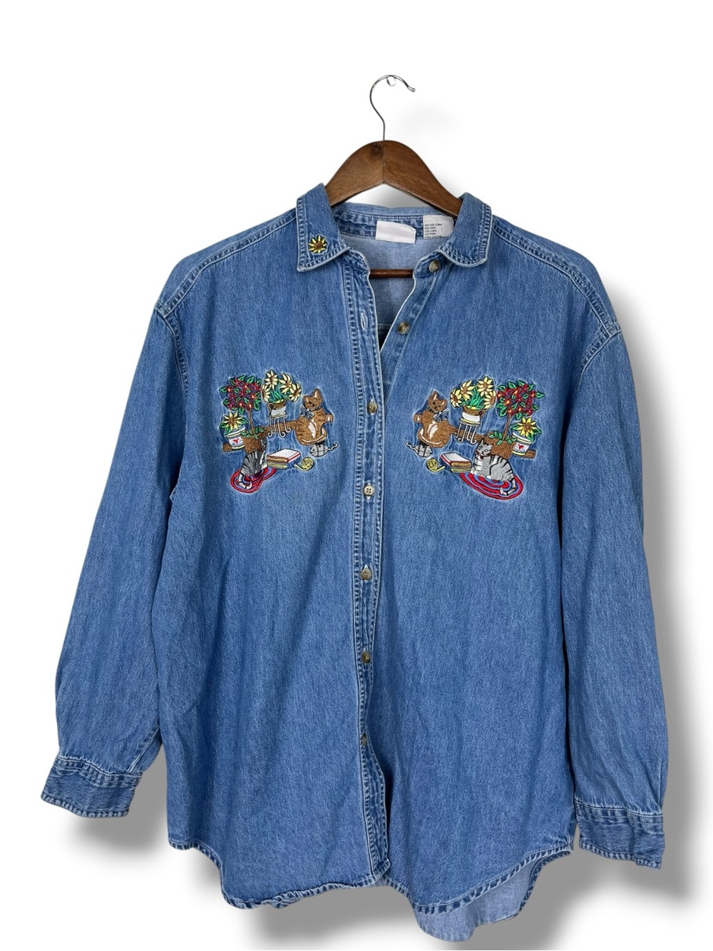 VTG Bobbie Brooks Embroidered Cats Denim Button Up Shirt XL Sunflowers Tabby
